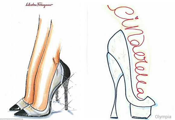 Diseños de Salvatore Ferragamo y Charlotte Olympia para el zapato de Cenicienta