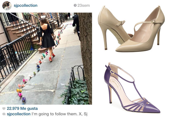 Sarah Jessica en la acción promocional. Foto: Instagram. A la derecha, zapatos Diane y Carrie de su colección