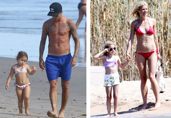 Harper Beckham con su papá David y Apple con su mamá Gwyneth Paltrow