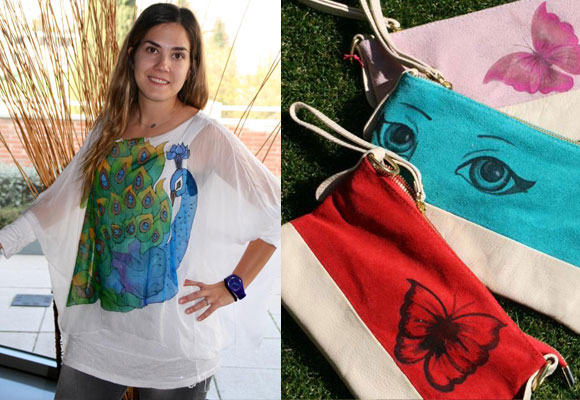 Diseños Marsilka sobre blusa de seda y bolsos de ante. Fotos: Marsilka