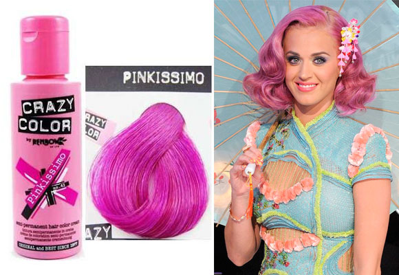 Katy Perry con el pelo rosa y el producto para conseguirlo. Haz clic para comprarlo
