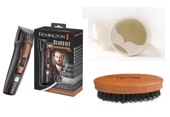 Un kit para barba, una divertida taza 'barbuda' y un cepillo. Tres regalos de 10
