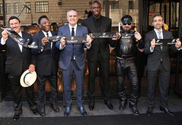 Carlito Fuente, Pelé, Ricardo Guadalupe (CEO of Hublot), Usain Bolt, Peter Marino and Jean-François Sberro (General Manager of Hublot America) at Hublot 5th Avenue (NYC) Boutique