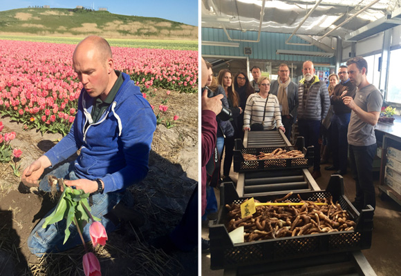 Rik Pennings maneja 10 hectáreas de flores (izda) y Richard van Ruiten explicando el proceso de selección de las papas de gloriosas (dcha)