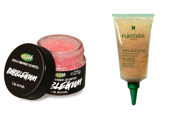 Exfoliante para labios de Lush y exfoliante de cuero cabelludo anticaspa de Furterer. 