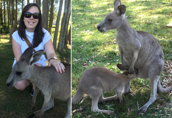 Nuestra colaboradora con una mamá canguro y a la derecha, un bebé comiendo del marsupio de su mamá